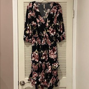 Black and Pink Floral Surplice Midi Dress